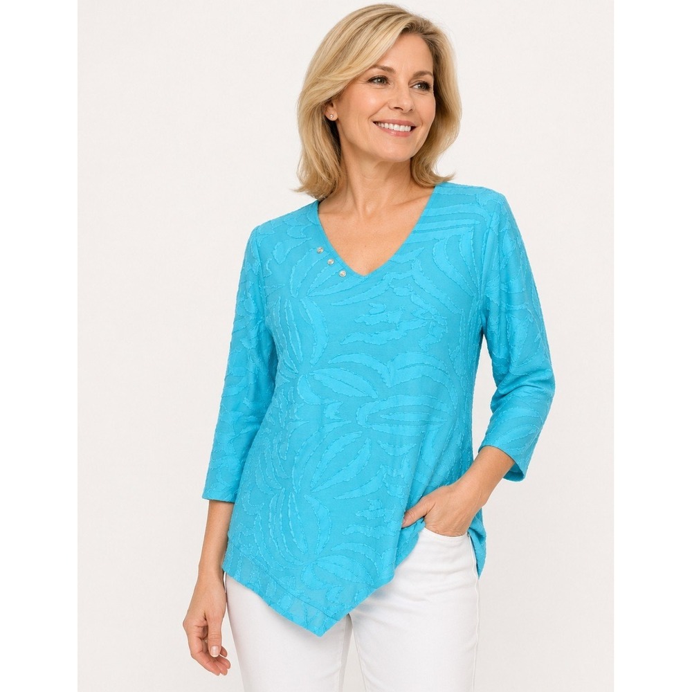Lulu-B Women's M Blue Textured V-Neck Asymmetrical Hem 3/4 Sleeve Tunic Top